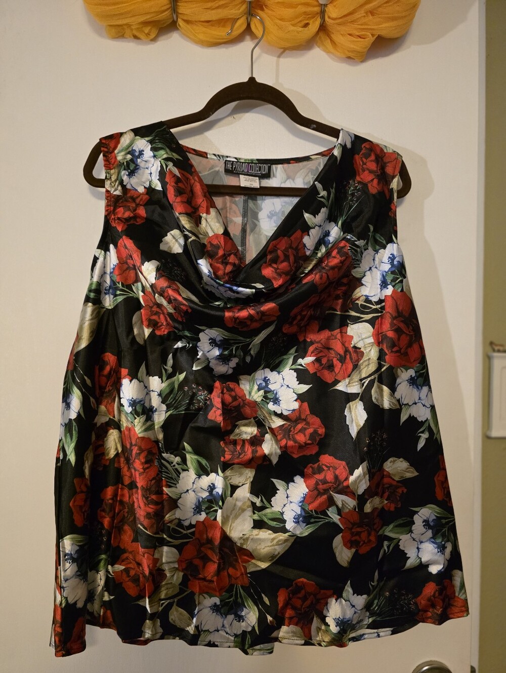 The Pyramid Collection Black Satin Camisole with Red and White Floral Print